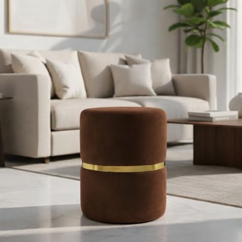 Image of Round Single Strip Upholstered Stool Living Room Foot Rest Linen Fabric Padded Seat Pouf Ottoman Office Stool Brown
