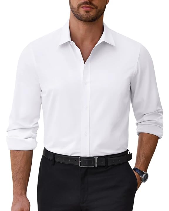 Alimens Gentle Mens Dress Shirts Stretch Solid Wrinkle Free Button Down Shirt Casual Business Wedding Button Up Shirt