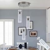BESTWEST Pendant Light Kitchen Island with Remote Control, Dimmable & Adjustable Color Temperature 3000K/4000K/6000K, Modern Brushed Nickel & Clear Glass Lighting Fixture for Dining Room