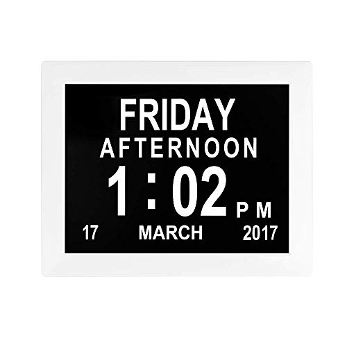 Digitale Kalender-Tagesuhr, automatisch dimmbares Display, großer, Nicht abgekürzter Tag und Monat mit 5 Alarm- und 3 Medikamentenerinnerungen für