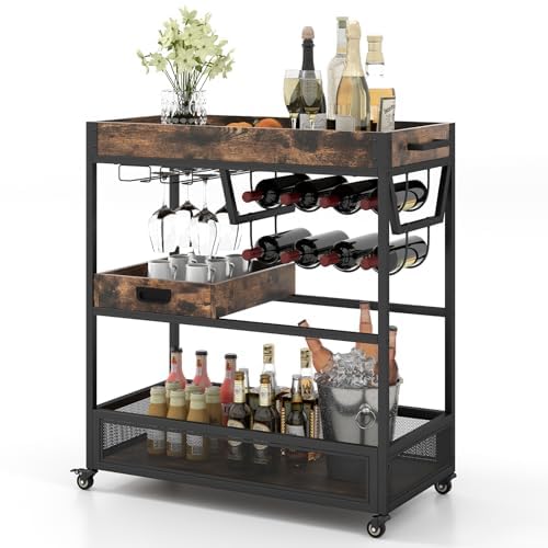 Chariot de service roulant à 3 étages avec plateau amovible, casier à vin et roues verrouillables – Idéal pour le rangement et l'organisation du bar à domicile