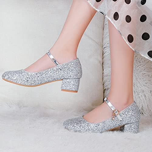KOKOMOMO Womens Glitter Sequin Round Toe Mary Janes Low Block Heel Pumps with Ankle Strap4