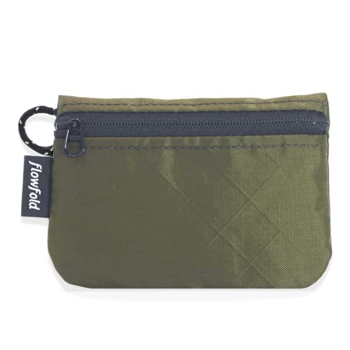 Flowfold Essentialist Clippable Mini Zip Pouch for Holding Coin, ID, Credit Card, and More | Small Water Repellent Wallet Made from Recycled Materials | Handcrafted In USA | Olive Green