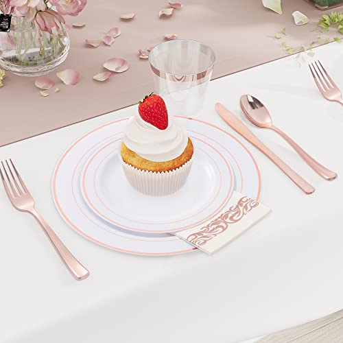 Sywhitta 350 Pcs Rose Gold Plastic Plates With Rose Gold Cutlery & Rose Gold Plastic Cups - Include 50 Dinner Plates 50 Salad Plates 50 Forks 50 Knives 50 Spoons 50 Cups 50 Napkins For Party & Wedding #TOP5