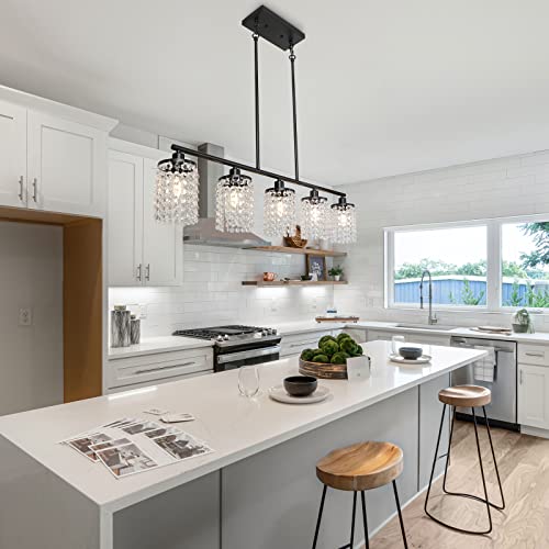 Lynpon Kitchen Island Lighting, 5-Light Dining Room Light Fixture Over Table Modern Black Linear Chandelier Crystal Drops Pendant Light Fixture Raindrop Lighting For Kitchen Dining Table Living Room #TOP3