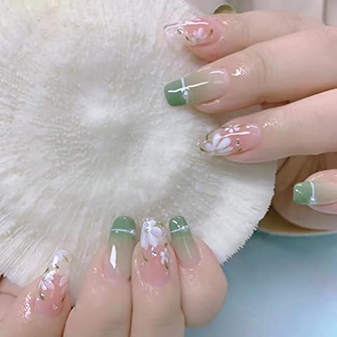 24 PCS Flowers Press on Nails Glossy Medium Fake Nails Summer Nail Tips Green French False Nails with Pearl & Rhinestones Design for Women and Girls Cover