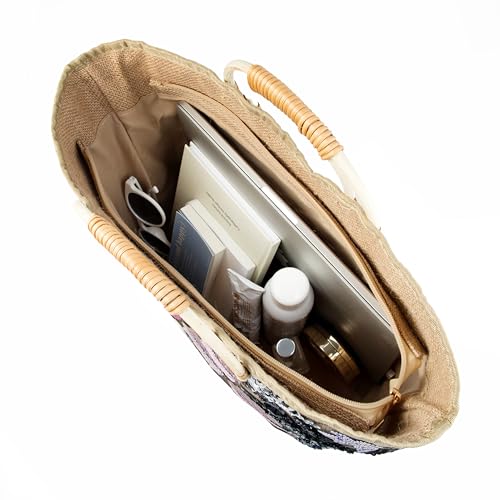 Image of Rattan Wood Handle Sequin Embroidered Floral Beach Bag Tote for Vacation and Wedding Party
