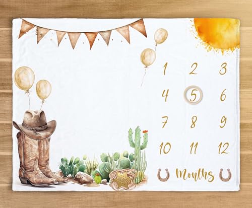 Image of Kwtzkuo Western Milestone Blanket, Cowboy Baby Monthly Blanket with Marker, Newborn Baby Shower Photo Props My First Rodeo Gifts