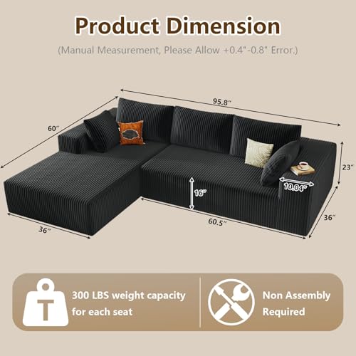 Image of 96 inch Modular Sectional Couch, Boneless L Shaped Cloud Sofa with Chaise Lounge, Corduroy Upholstered Couches Memory Foam Deep Seat, No Assembly Required, Ideal for Living Room(Black, Left Facing)