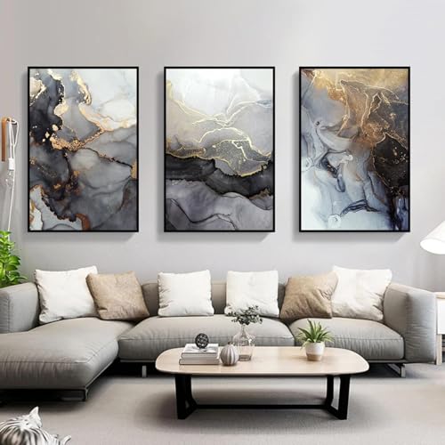 Décor à la maison art mural KEBIA de style peinture noir gris et or en grande toile 3 pièces