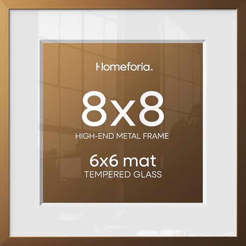 Image of Homeforia 8x8 Bronze Picture Frame, High-End Metal, 6x6 Mat, Glass | High End Aluminum, Tempered Glass, Acid-Free 6x6 Removable Mat, 8x8 in Edge-to-Edge Display 8x8, Wall Kit, Set Of 1