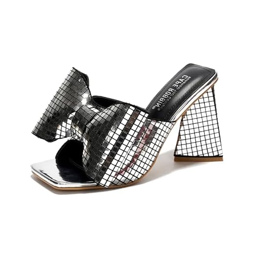 Cape Robbin Discoball Slip On Metallic High Heels for Women, Women's Shiny Disco Ball Chunky Heeled Sandals with Bow Tie - Silver Size 6
