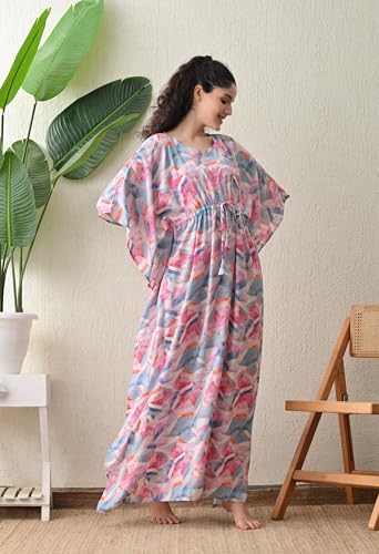 Image of Ichaa Women's Pink Rayon Printed Round-Neck Kaftan-Style Free Size Nighty with Drawstring