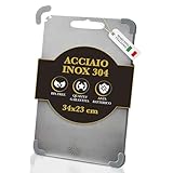 HELITH Tagliere Acciaio Inox 304 (34x23cm) Con Angolo Antiscivolo Rimovibile,Tagliere Metallo Antigraffio Da Cucina Professionale Multifunzionale, Carne,Pane,Verdura. Lastra D
