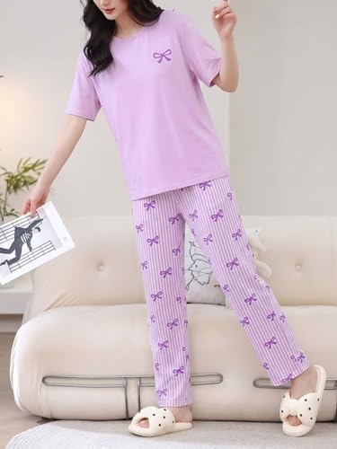 Image of SHIENZY Women Korean Style Night Suit | Round Neck Short Sleeve Cute Printed Cotton Pajama Set for Girls & Women | Soft Nightwear, Loungewear, Sleepwear for Women | Full Pyjama Set | Co-ord Set