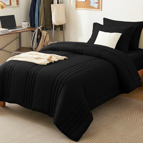 Image of CozyLux Twin XL Comforter Set Black - 5 Pieces Bed in a Bag, Modern Vertical Quilted Room Decor, Soft All-Season Bedding Gift with Comforter, Sheets, Pillowcase & Sham