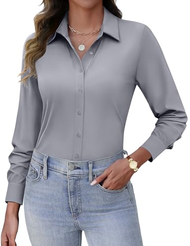 HOTOUCH Womens Casual Button Down Long Sleeve Shirts 2025 Fashion Business Tops Plain Slim Fit Work Blouses Gray L
