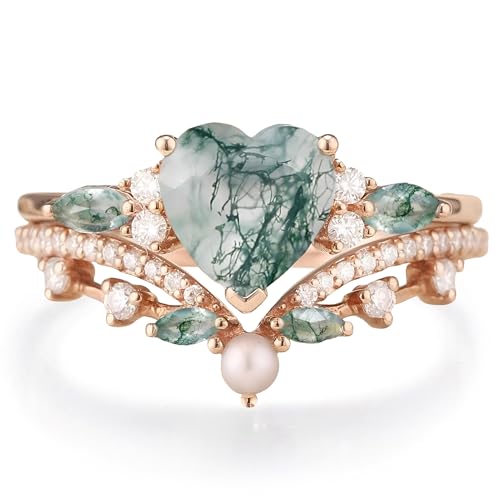 High-grade Vintage Moss Agate Engagement Ring Set Custom Inspired Art Deco Green Agate Sterling Silver 10K/14K/18K Gold Wedding Rings for Women Available in Yellow/Rose/Black/White Gold