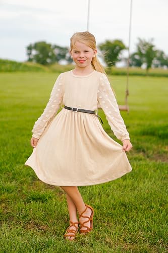 Little Girls Fall Winter Puff Long Sleeve Swiss Dot Dresses A-Line Knit Dress with Belt for Kids Size 4-122