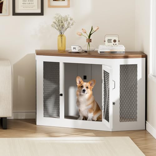 Xilingol Corner Dog Crate Furniture, Wooden Dog Kennel End Table with Mesh, Cage/House for Small Medium Large Dog, Decorative Pet Crate Indoor Use