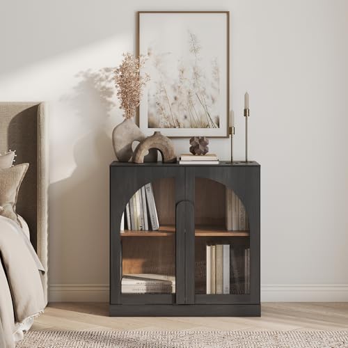 Image of BELLEZE Bijou 31.5 inch Modular Sideboard Cabinet - Expandable Design w /Arched Glass Doors - Use Solo or Combine for Buffet, Living Room Media Center & Entryway - 70lbs Capacity, Ebony