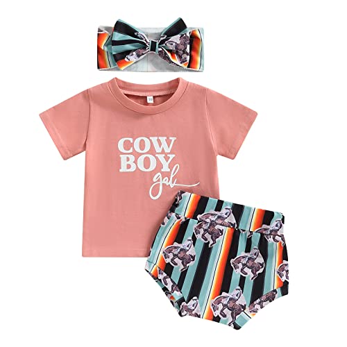 Image of Bingqiling Western Baby Girl Clothing Sets Newborn Summer Outfit Cowboy Letter Short Sleeve Shirt+Horse Print Shorts+Headband (Pink, 6-12 Months)