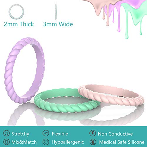 Zollen 12 Packs Silicone Wedding Rings for Women, Thin Braided Rubber Wedding Bands Stackable Ring, Hypoallergenic Silicone2