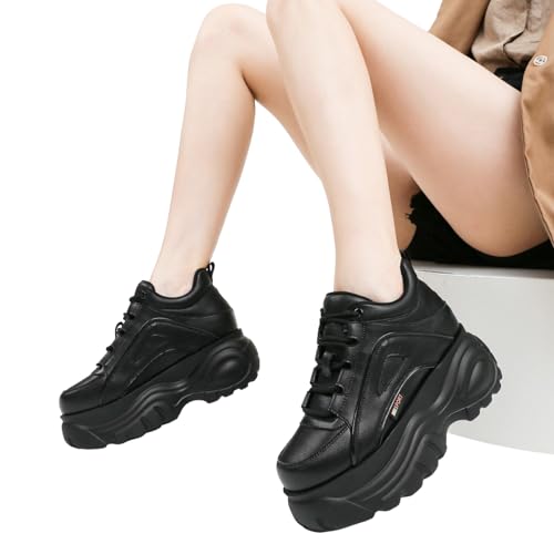 Jamron Tênis feminino de plataforma alta grosso com cadarço casual, Preto, 40