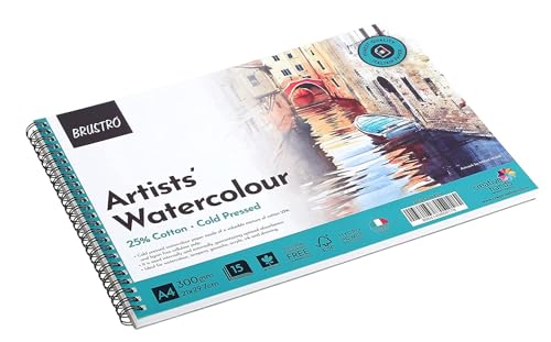 Image of BRUSTRO Artist's Wiro Watercolour Paper Pad, 300 GSM, A4(8.3x11.7 in), 25% Cotton, Cold Pressed, 15 Sheets with Cretacolor Studio Line Watercolor Pencil Set of 12,Assorted|for Drawing,Painting