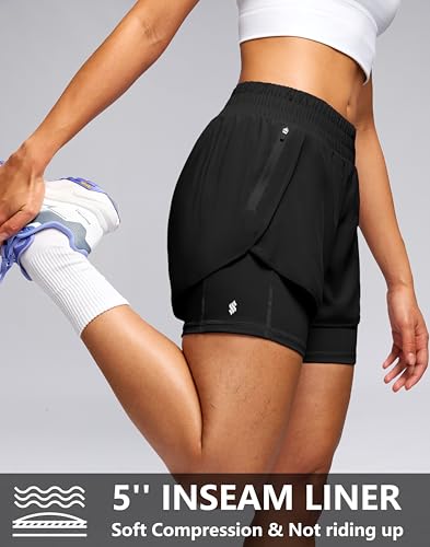 Soothfeel Women's 2 in 1 Athletic Running Shorts with Liner Zipper Pocket 5" High Waisted Gym Workout Tennis Shorts for Women2