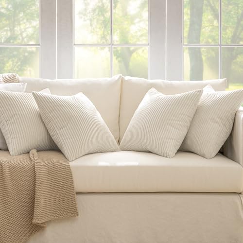 Image of MIULEE Boho Farmhouse Throw Pillow Covers 18x18 Inch Set of 4 Mordern Nordic Cushion Covers Soft Corduroy Spring Home Decor for Couch Bed Sofa Living Room Cream White