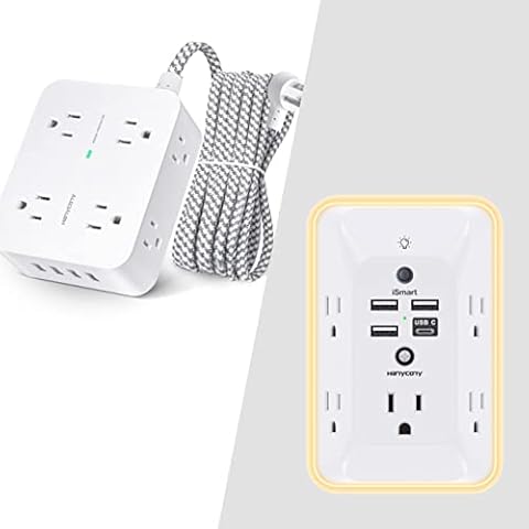 8 Outlets Surge Protector Power Strip and Outlet Extender with Night Light Bundle Cover