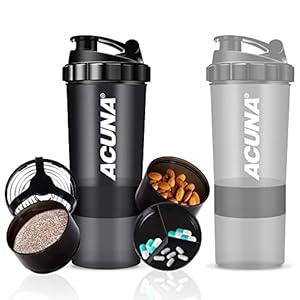 ACUNA Protein Shaker Bottle 700ml (PACK OF 2), 3 Layer Supplement & Pillen Opslag Cup- Eenvoudig te gebruiken Twist Off Protein Shake Mixer Fles-Veilige Lekvrije Deksel- Gym Supplement Shaker Bottle (Zwart-grijs)