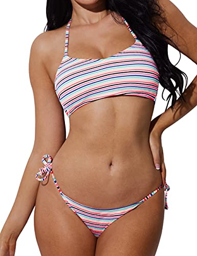 ninovino Women's Bikini Set Sexy Cheeky Brazilian Stripe Bathing Suits Pink&Blue S