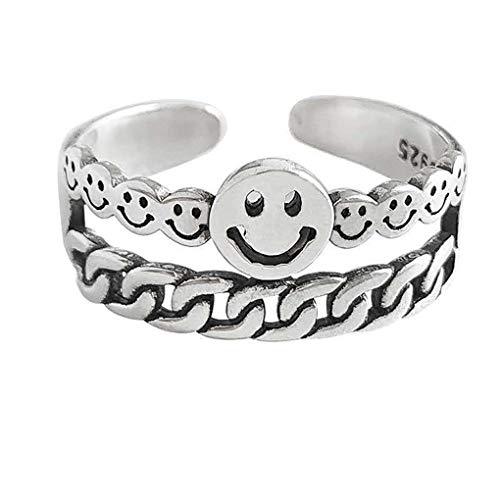 Vintage Silver Double Smiley Face Adjustable Opening Ring for Woman Girl Cute Smiley Face Expression Tag Mood Ring (Silver-03)
