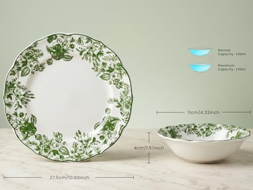 Image of Bodhi House Porcelain Dinner Set 12 Pieces - Green Leaf White Dinnerware Set | 6 Dinner Plates, 6 Katori Bowls | Premium Crockery Set for Dining, Kitchen & Gifting