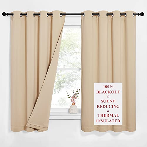 NICETOWN Bedroom Full Blackout Curtain Panels, Super Thick Insulated Window Covers, Complete Blackout Draperies with Noise Absorb Liner for Short Window(Biscotti Beige, Set of 2, 52 by 63-in