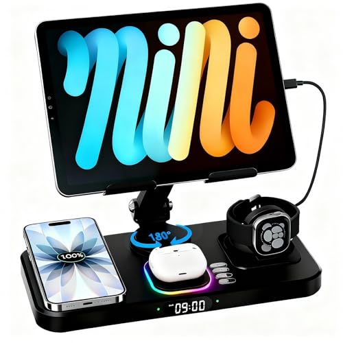 30W Charging Station for Apple Products, Foldable Wireless Charger with Clock Display&7 Color Light, Wired Charging for iPad/Tablet Charging Station for iPhone17, for Apple Watch11 for AirPods4(Black