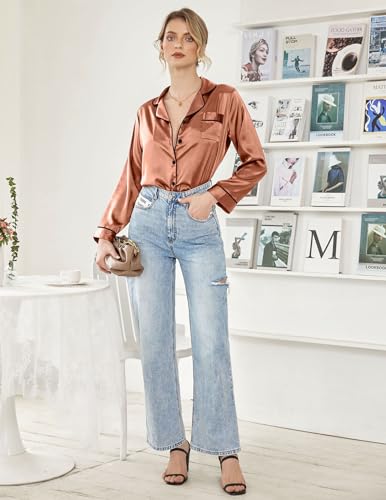 Image of Ekouaer Women Satin Pajamas Set Classic Button Down Long Pjs Set