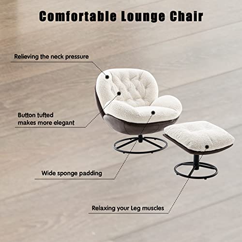 Zhenghao Swivel Accent Chair With Ottoman, Mid Century Modern Faux Fur Lounge Chair With Footrest, Comfy Fluffy Armchair With 360 Degree Metal Base For Reading/Living Room/Bedroom, White #TOP2