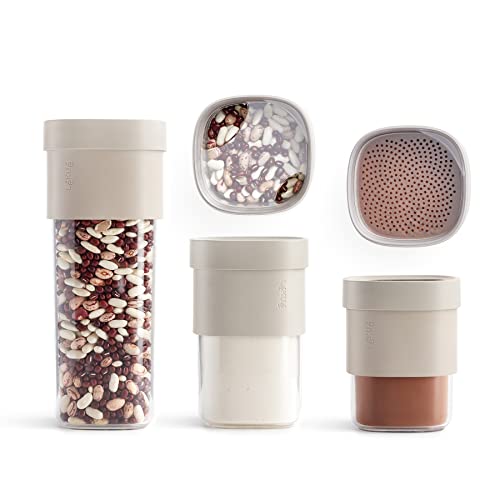 Lékué Flip Food Storage Canister Set | 3 Jars + 2 Toppers | Beige | Stackable Adjustable Pantry Organizer Clear Food Saver Canisters | Flip for Additional Volume: 20-29 floz + 46-54 floz | BPA-Free