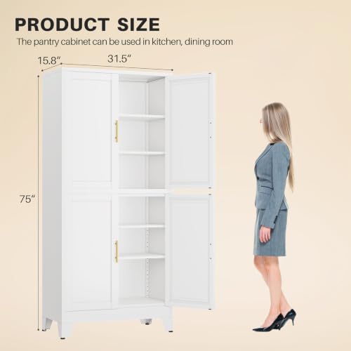Image of winiowa 75 inch Tall Kitchen Pantry Cabinet, Metal Storage Cabinet with Doors and Adjustable Shelves, White Freestanding Pantry Cabinet for Kitchen, Dining Room, Living Room, Laundry Room, Bathroom