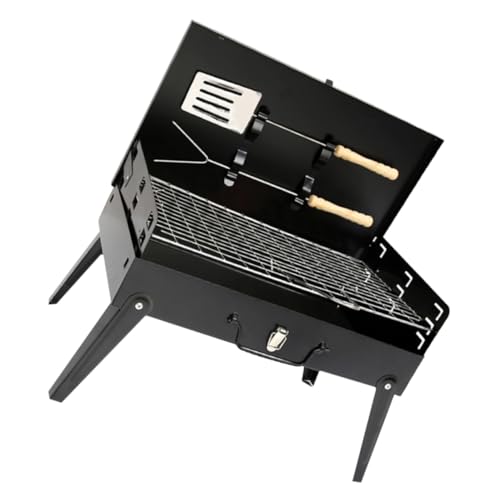 POPETPOP Griglia Per Barbecue Portatile Pieghevole, Stufa Da Esterno Con Deflettore Antivento e Piede Stabile, Fornello Per Barbecue Da Picnic Con Accessori e Lucchetto Anti-scivolamento 44x27x47cm