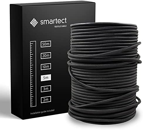 smartect Braided Cable - Black - 5 Metres - 3 Core Electrical Cable (3 x 0.75mm²) - Vintage Electrical Wire for Your DIY Project