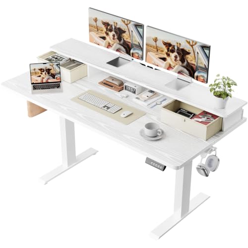 Image of Veken 55x26 in Electric Standing Desk with Drawers, Adjustable Table, White | Stand up Computer Desk for Home Office, Work & Study, with Storage, 3 Memory Presets, Cable Organizer, Hook, and Quiet Lift.