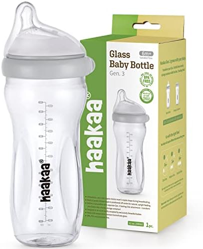 haakaa Gen.3 Glass Baby Bottle Breastfeeding Bottle with Fast Flow Nipple for Baby Feeding, Anti-Colic, Wide Neck, BPA Free,Grey (11oz/300ml, 6m+, 1pc)