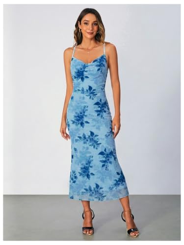 Image of SOLY HUX Women's Floral Mesh Bodycon Cami Dress Cowl Neck Sleeveless Cocktail Party Wedding Guest Long Maxi Dresses