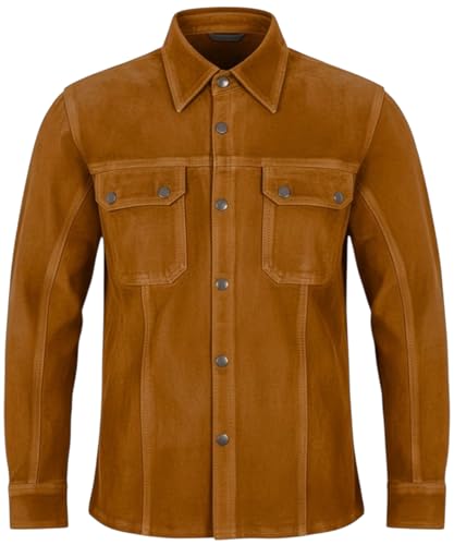 Chemise en cuir homme daim véritable marron cognac coupe ajustée slim