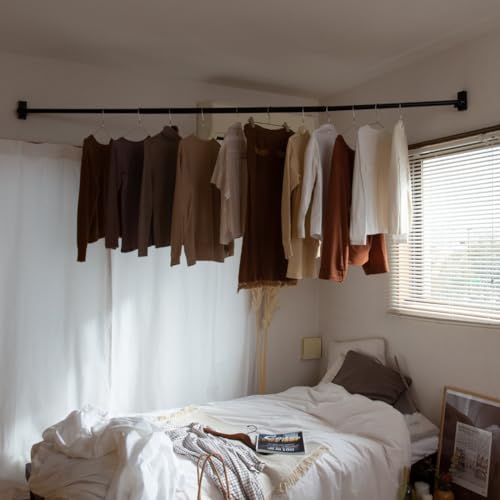 クーペン 物干し竿 室内物干し 竿 部屋干し 室内干し 斜め設置 物干し 伸縮 ポール コーナー 竿受け 回転 ピン固定 石膏ボード用 インテリアブラック