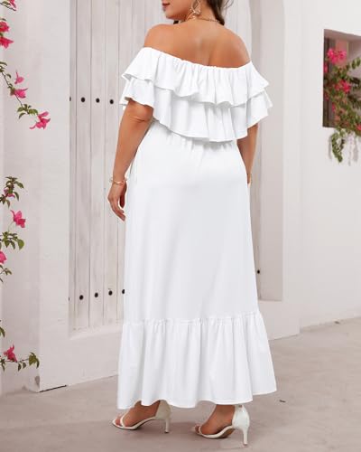 Plus Size Off The Shoulder Maxi Long Casual Layered Ruffle Beach Sundress Women Pocket 20242